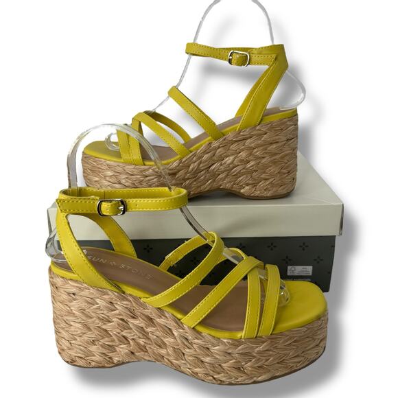 NEW Sun + Stone Yellow Strappy Platform Espadrilles Size 5 Sandals Boho Wedges - Picture 1 of 11